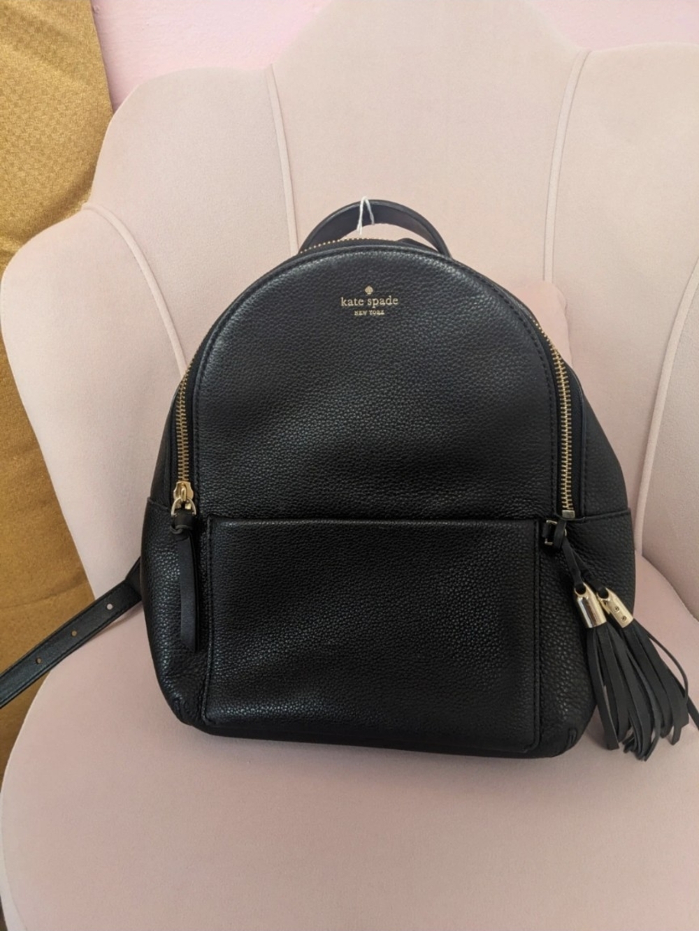 kate spade Black Pebbled Leather Mini Backpack with Tassel
